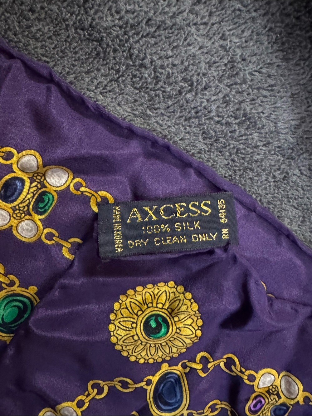 Axcess Purple Silk Scarf with Gold Chain and Gem Motif